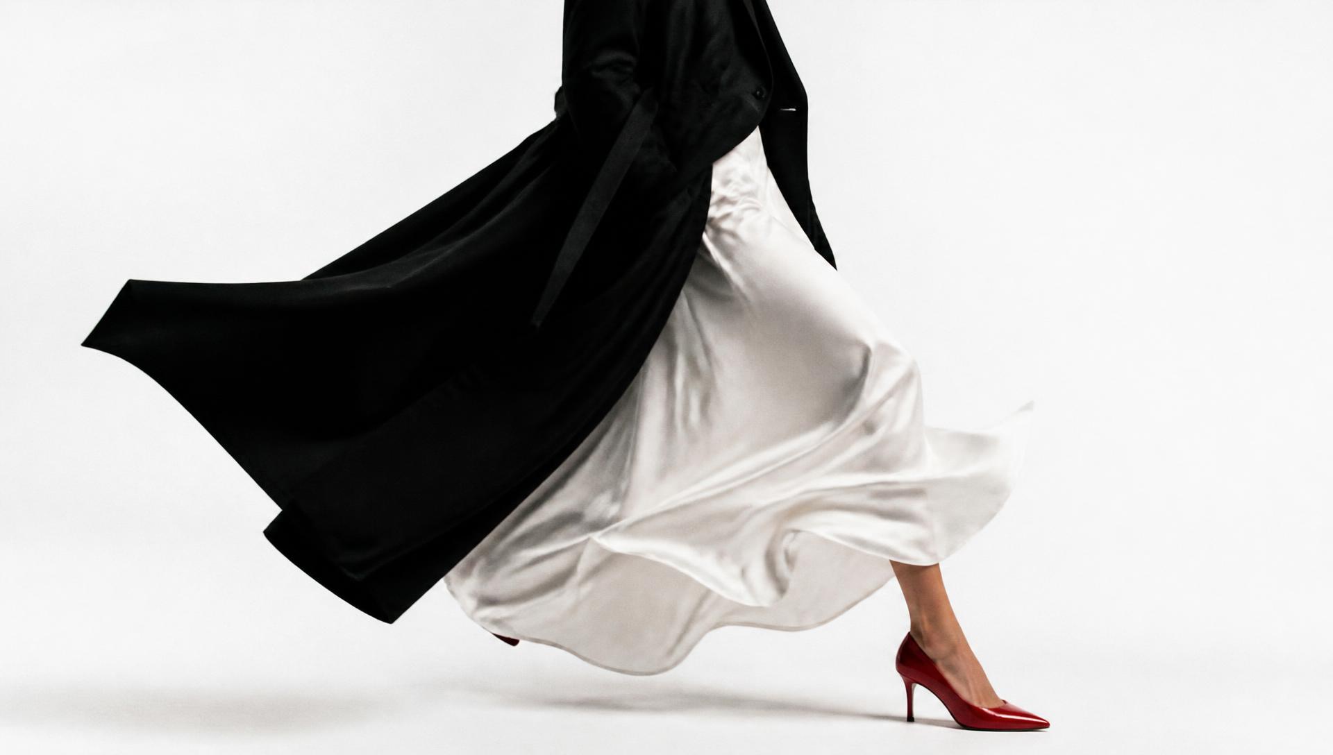 Movimento de um casaco preto em fundo claro, editorial de moda